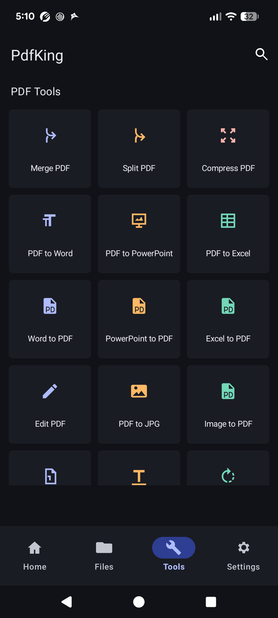 PDF Toolkit tools screen showing PDF actions